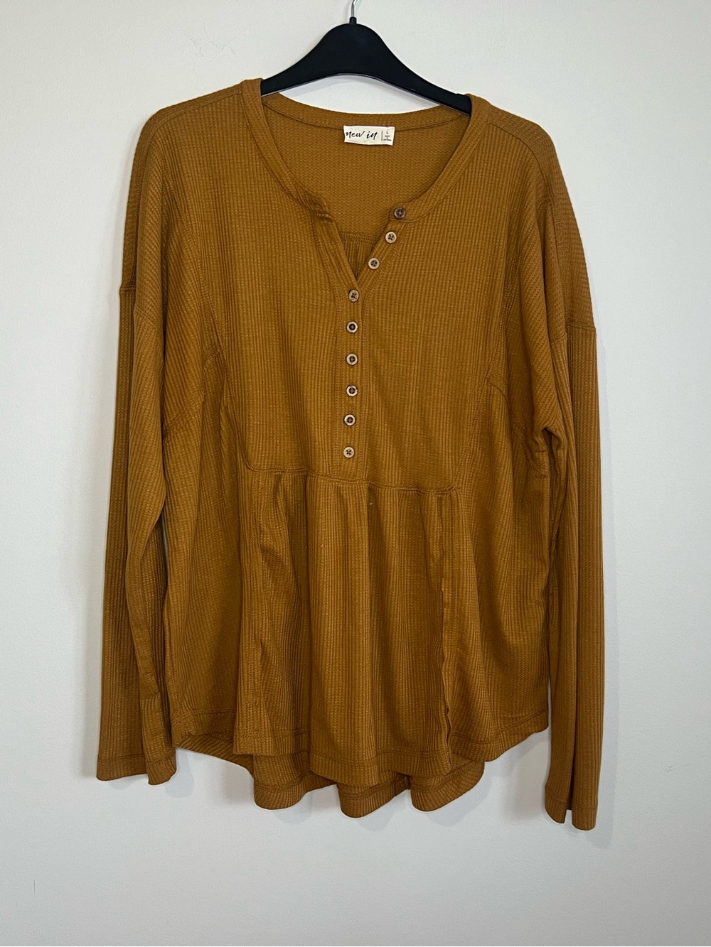 Waffle Henley Long-Sleeve Top in Mustard